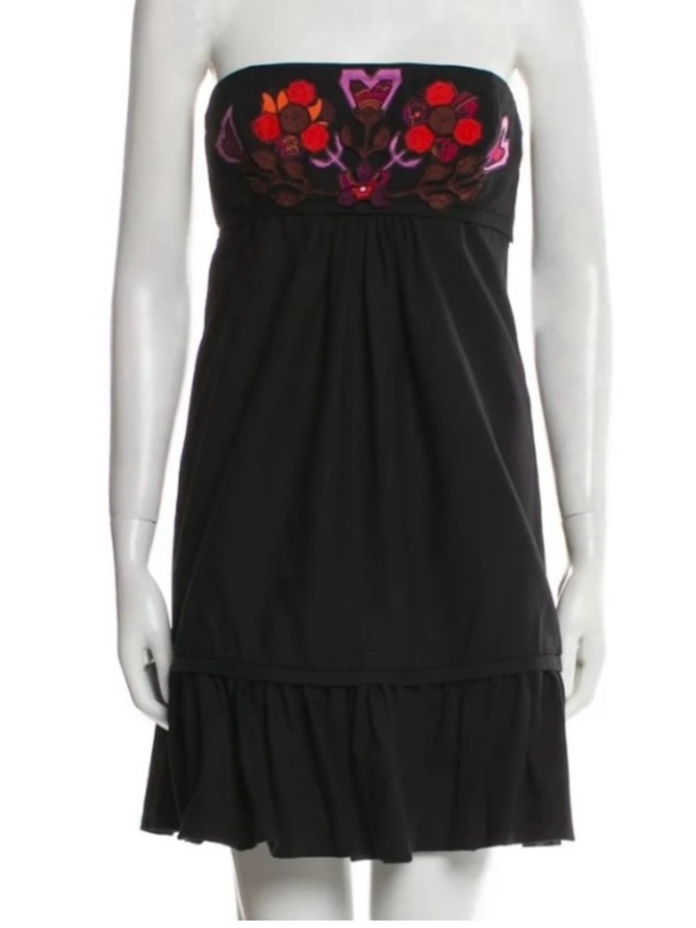 Gucci Ruffled Strapless Black Mini Dress Floral Embroidered Cotton - IT42 / US6